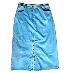 Denim&Co Denim Skirt  (Sz 16, 37" L) Button Front Slit ~ Embr. Dot Swirl Design